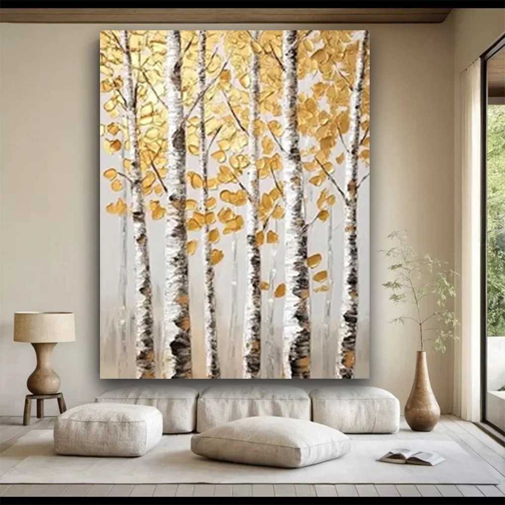 Latest Knife Poster Landscape Oil Paintings On Wall Birch Tree Art Picture Modern Canvas Artwork For Living Room Decor Gift