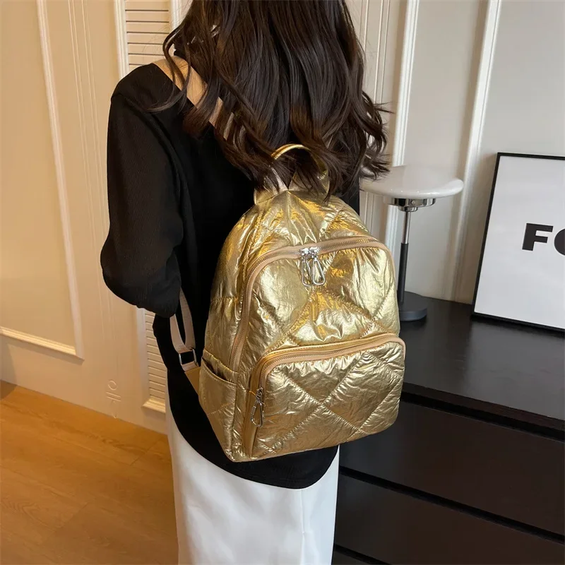 Fashionable Space Pad Cotton Women Backpack Gold Solid Color School Bag Women Sports Backpack Women Nylon Pad Bag