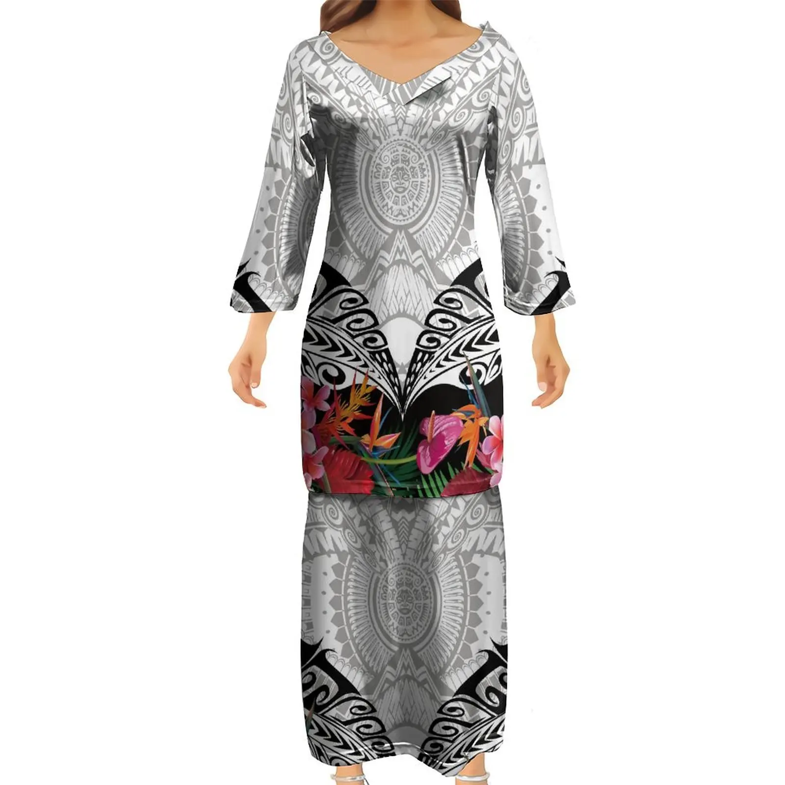 Support your design Women's V-neck dress Puletasi Dress two-piece Polynesian traditional women's long-sleeved dress