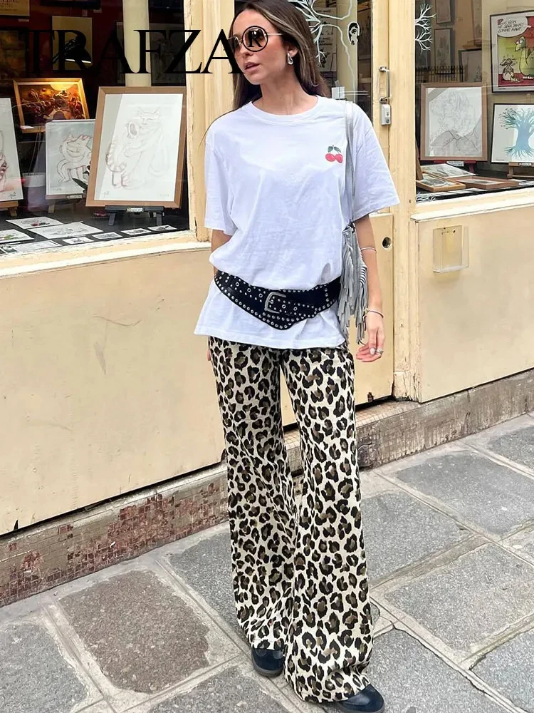 TRAFZA Leopard Print Pant For Women Fashion Vintage High Waist Slim Trousers Female Streetwear Woman Casual Straight Pant