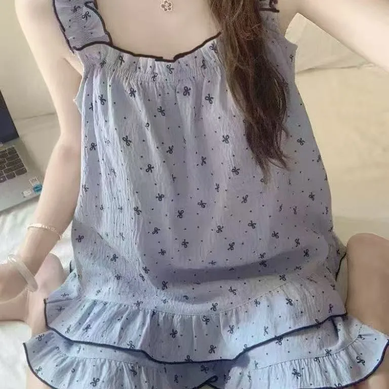 Pastoral Style Small Floral Print Camisole Shorts Pajamas with Chest Pads for Women, Cute, Loose, Sweet Girl Summer Loungewear