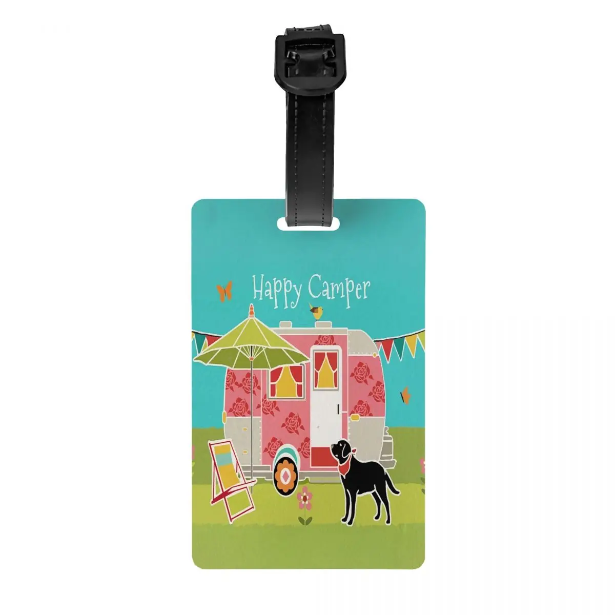 Happy Camper Luggage Tag Cartoon RV Adventure Camping Suitcase Baggage Privacy Cover ID Label