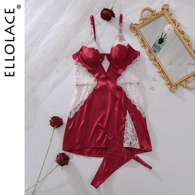 

Ellolace Sexy Deep-V Neck Satin Dress Sexy Lingerie Lace Patchwork Split Sissy Night Dress Women Slip Dress Female Clothing