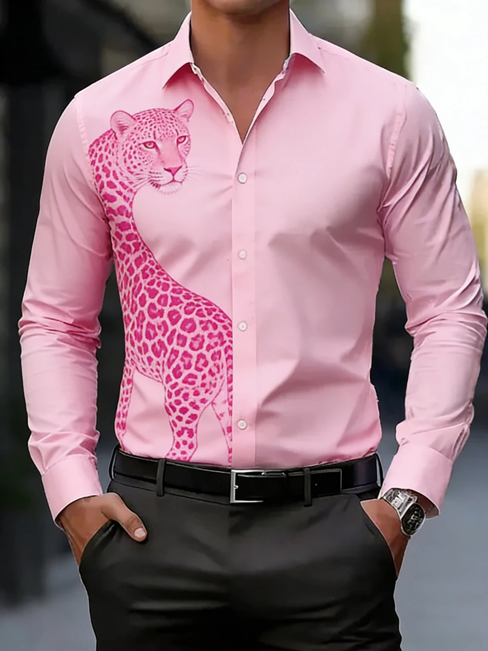 

Мужская рубашка с длинным рукавом и отложным воротником, с принтом «Розовая пантера», гавайский дизайн, быстрая доставка