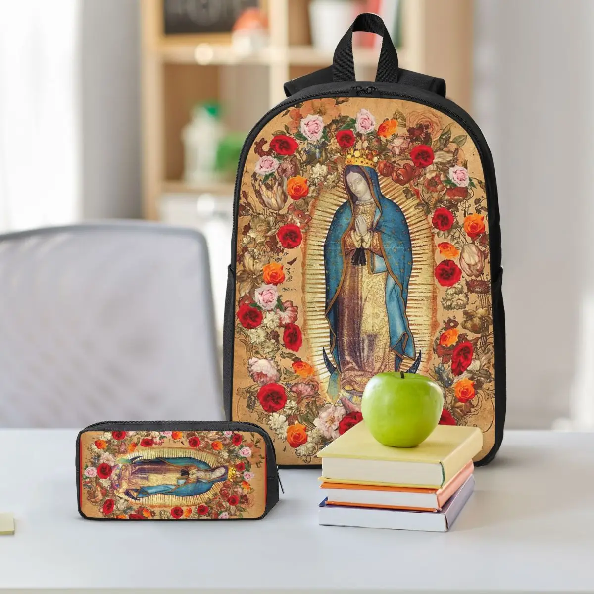 سيدة غوادالوبي مريم العذراء الكاثوليكية المكسيكية على ظهره الطالب BookBag حقيبة مدرسية 3ps معزول حقيبة الغداء مقلمة