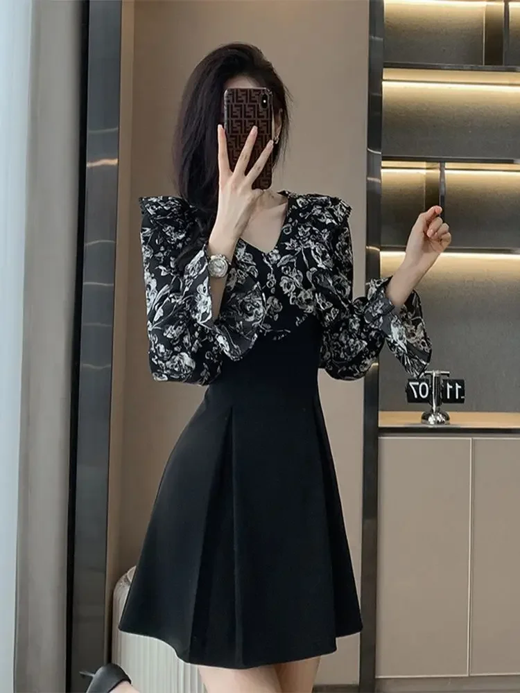 

Female Dress Holiday Short Flower Pleated Floral Mini Black Women's Long Sleeve Dresses New in Xxl Loose Chic and Elegant Pretty