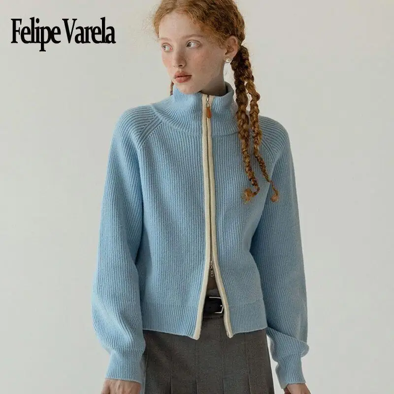 

Collar Zipper Knitted Cardigan Women's Autumn and Winter American College Style Fashionabl E Versatile Loose Short Sweater New