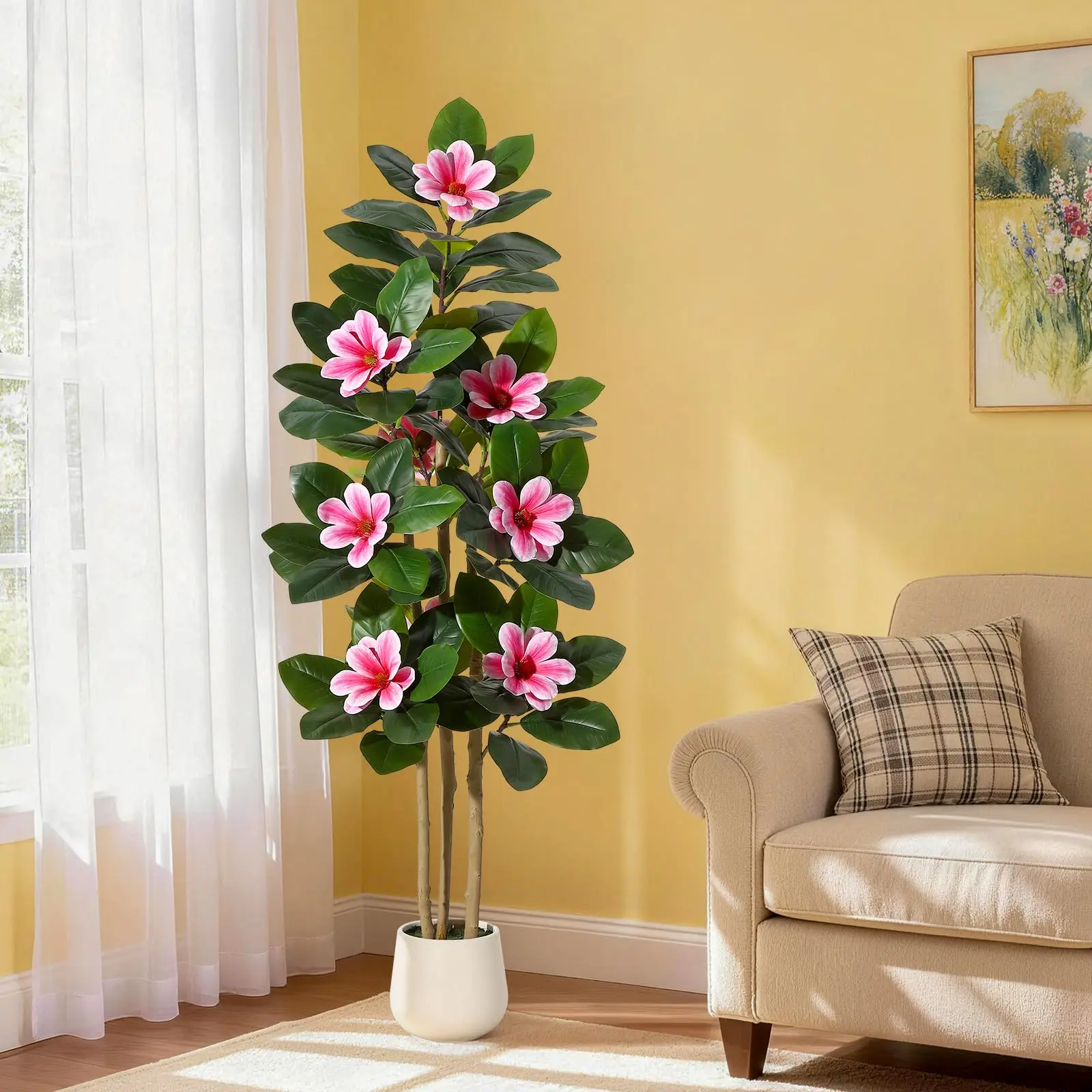 Lifelike Artificial Magnolia Rubber Tree – 4/5/6FT Tall Faux Plant with Multi-Trunk, Realistic Magnolia Flowers in White Planter, Decorative Greenery for Home & Office