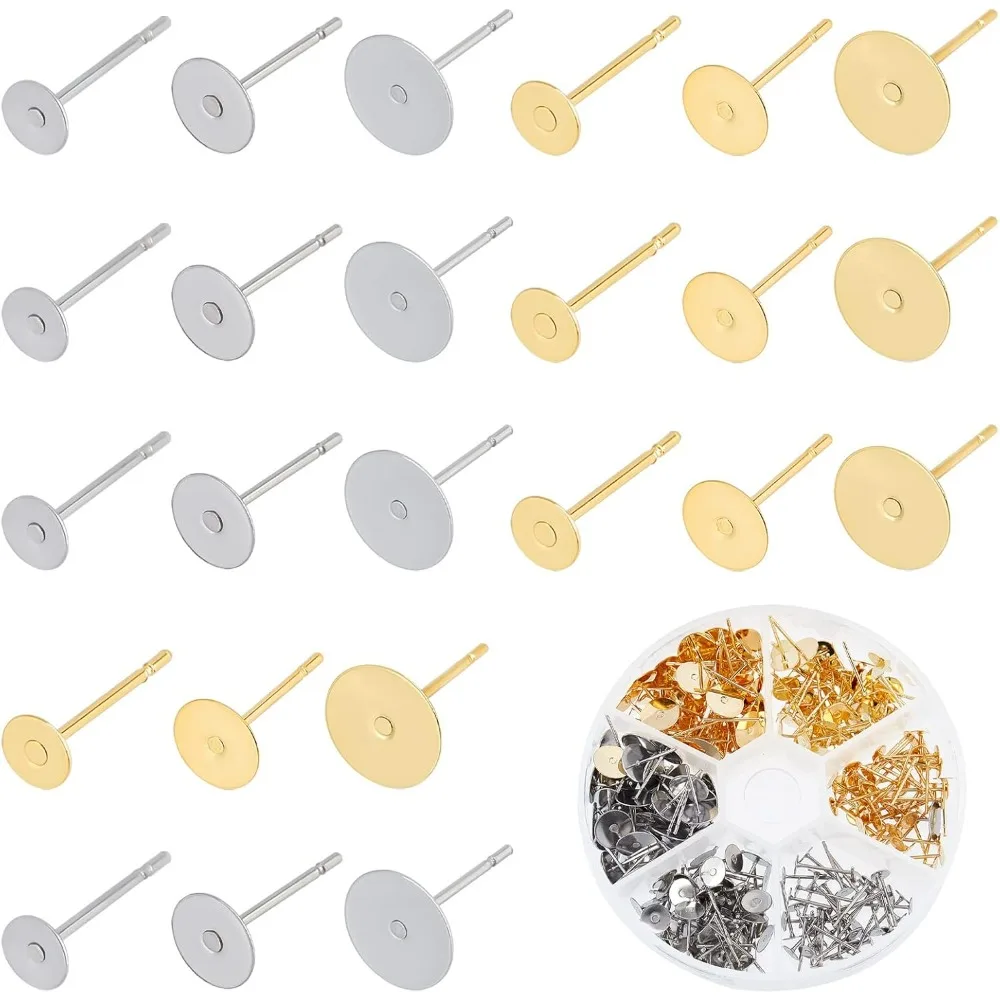 300pcs Earring Posts 3 Size Blank Earring Pins Stainless Steel Blank Peg Post Ear Studs Gold Flat Pad Earring Studs for Men