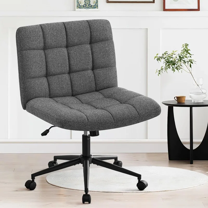 Armless Office Desk Chair, Linen Fabric Padded Swivel Chair, Adjustable Home Office Chair with 360° Wheels, Wide Criss Cross