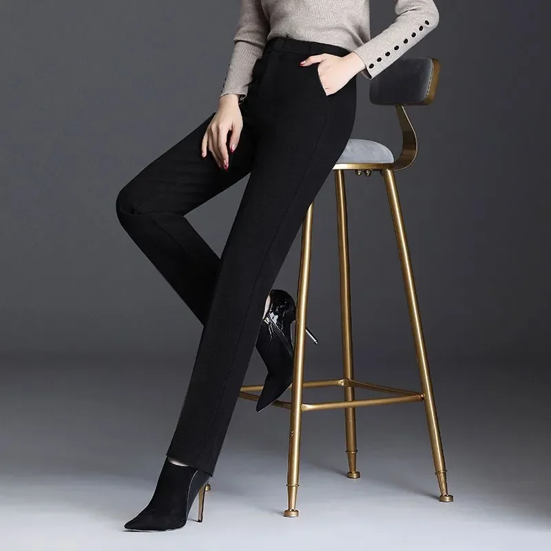 Office Lady Fashion All-match Wool Pencil Pants Autumn Winter Women High Waist Elastic Band Slim Casual Straight Trousers N89