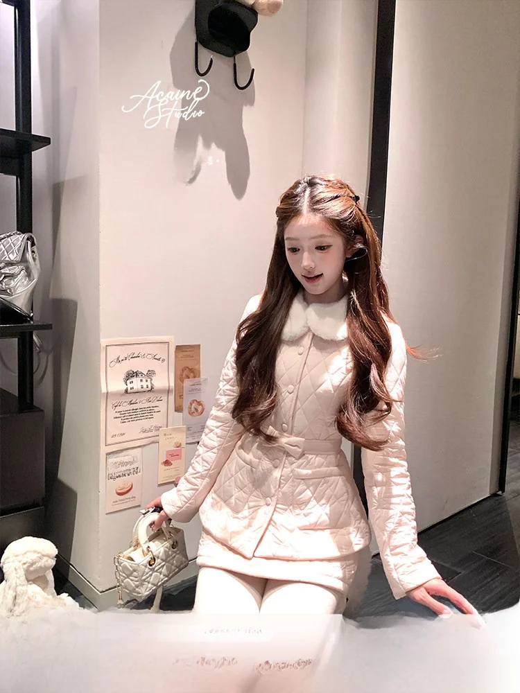 

Pink Doll Collar Cotton Jacket And Skirt Set Women's Winter Fashion Two-Piece Suit Sweet Style Long Sleeve Regular Length
