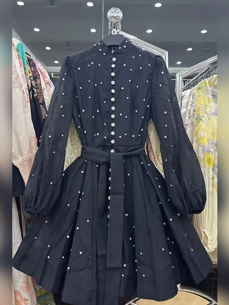 

Niche 2025 new spring and summer high-end luxury diamond studded stand up collar lantern sleeves single breasted socialite tempe