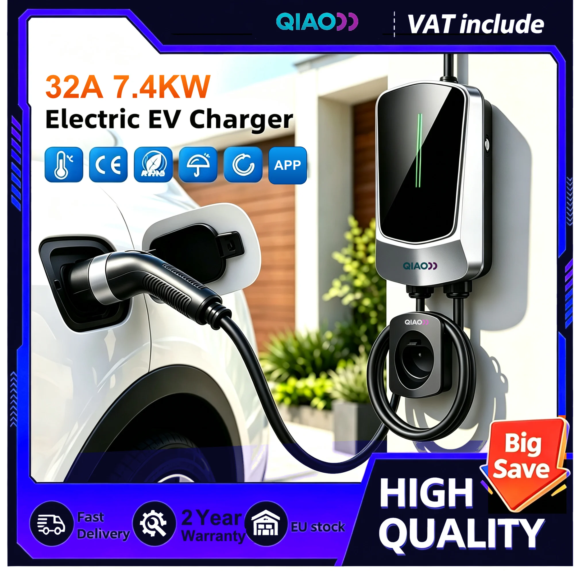 QIAO Smart EV Wallbox 7,4 kW 32 A Typ 2 Wandmontierte EV-Ladestation IEC 62196-2 EVSE Heim-AC-Ladegerät für Elektrofahrzeuge mit APP-, WLAN- und Bluetooth-Steuerung, 5 m Ladekabel mit Kabelhalter für