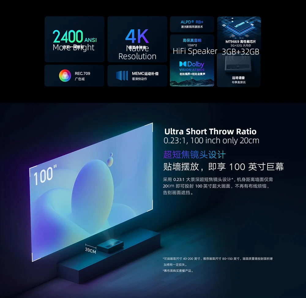 xiaomi Cinema 2 4k  Projector with 2500 ANSI Lumens 3GB 32GB Full Frequency BT 30W Speaker Android WiFi Projector 4K