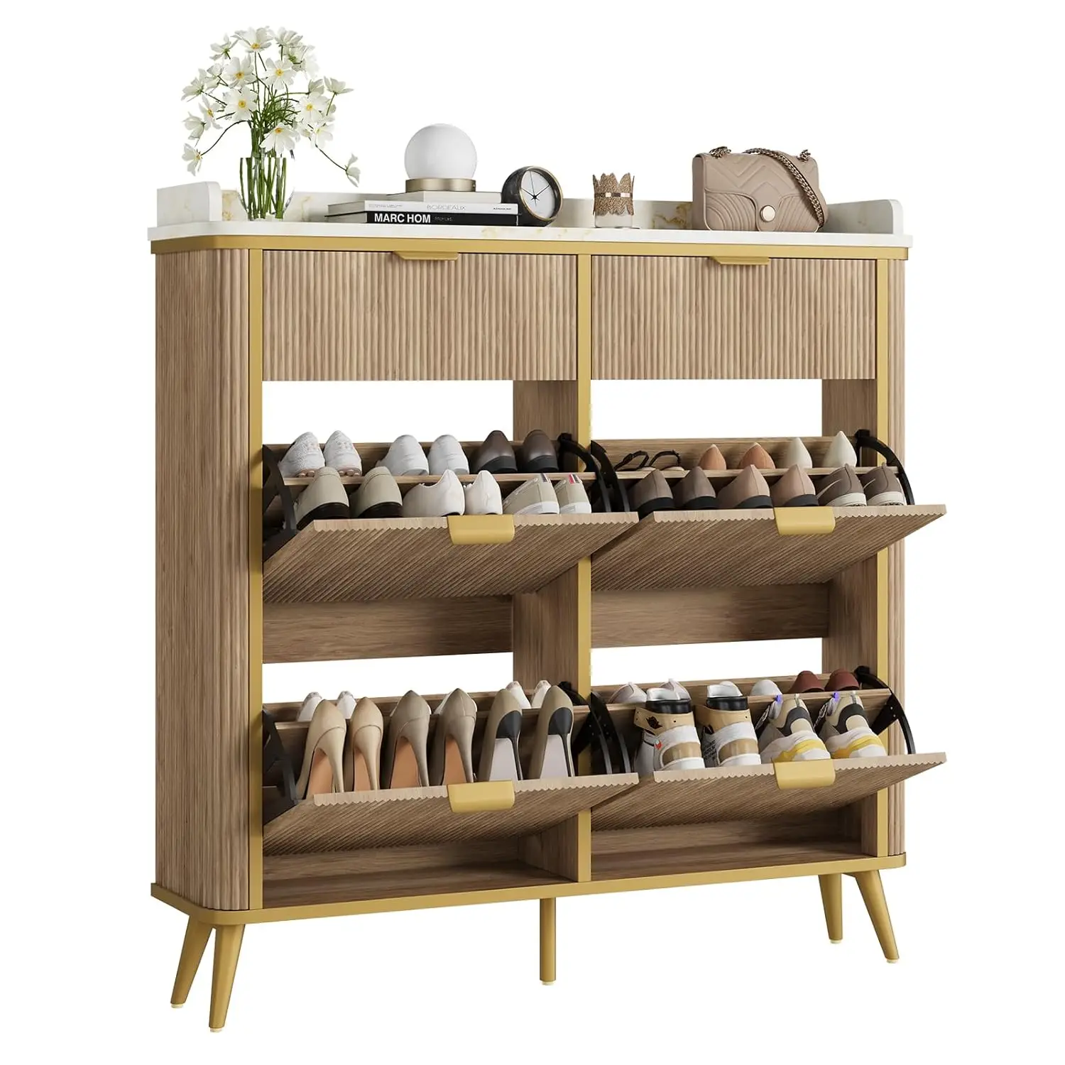 Fluted Shoe Cabinet Storage, Modern Slim Shoe Organizer Cabinet with 4 Flip Drawers & 2 Drawers,Customized