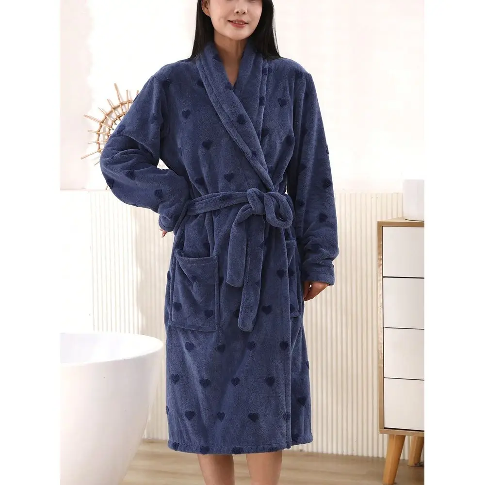 

Womens Jacquard Heart Coral Fleece Autumn Winter Flannel Thickened Turndown Collar Pocket Solid Color Minimalist Belted Long Sl