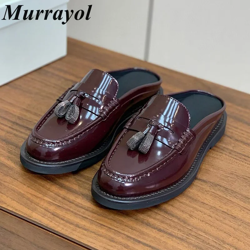 Closed Toe String Bead Decor Half Slippers Women Patent Leather Thick Bottom Lazy Mules Spring Autumn Retro Outdoor Slippers