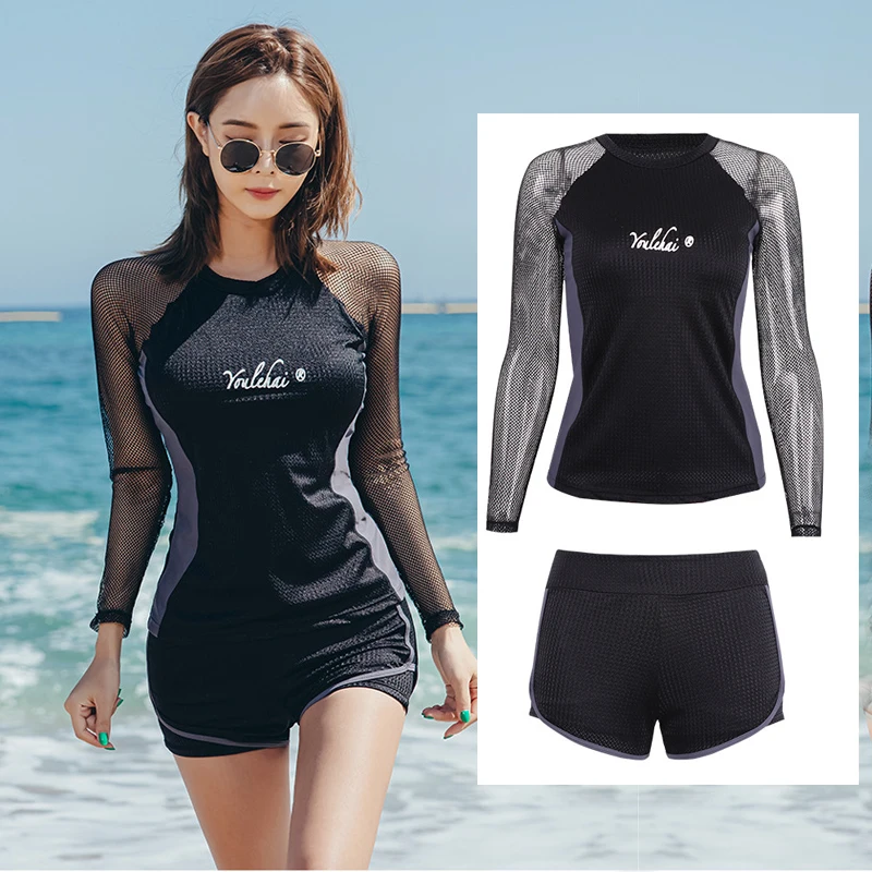 Women's Sun UV Protect Rash Guard, Mesh Long Sleeve Surfing Swim Shirts Swimsuit, Wetsuit Padded Tops+Bottoms Boyshorts