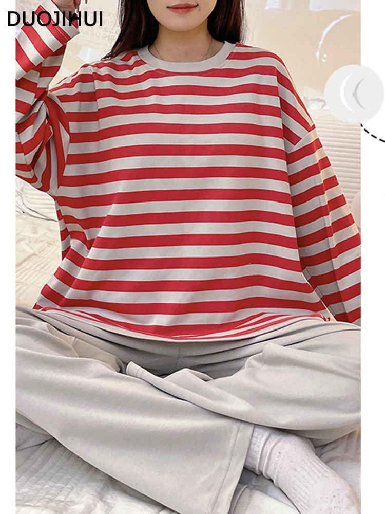 DUOJIHUI-Conjunto de pijama listrado com almofada no peito para mulheres, manga comprida, moda casual, moda coreana, primavera e outono, 2 peças