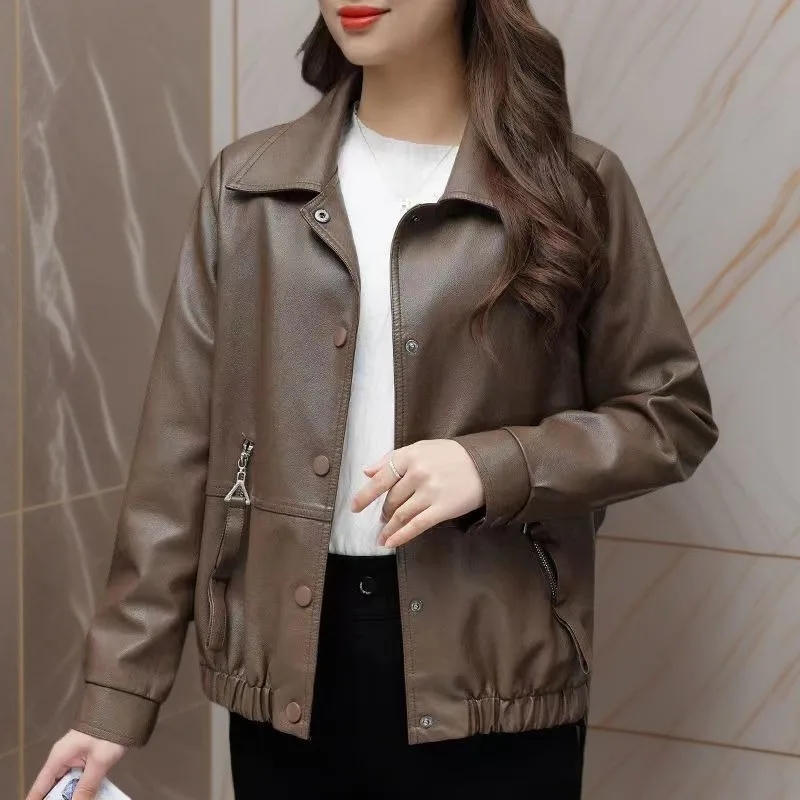 

Новый стиль, женская кожаная куртка с лацканами, осенние простые и универсальные свободные куртки с длинными рукавами в стиле вестерн