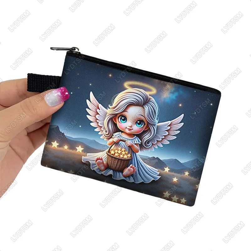 Kawaii pequeno anjo oração padrão saco de moedas bebê anjo com asas feminino cartão chave fone de ouvido titular carteira saco de dinheiro bolsa com zíper