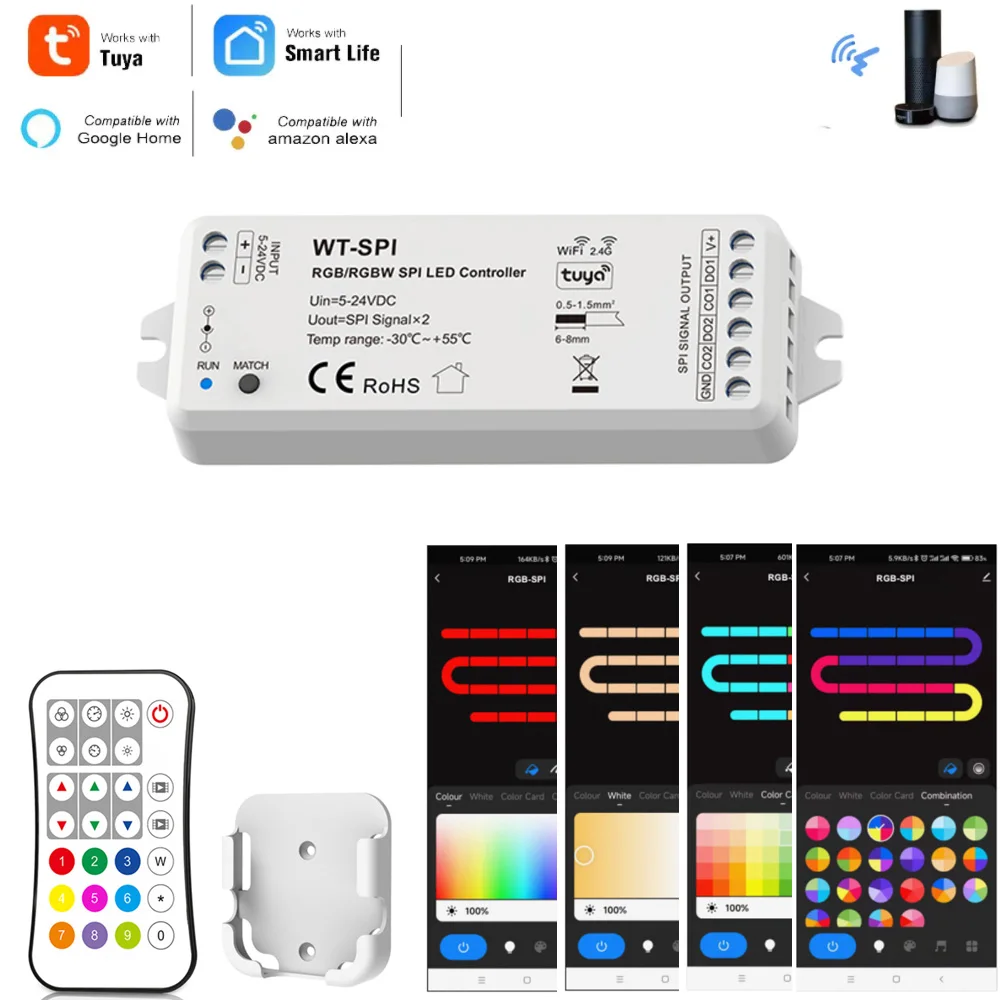 WiFi & RF RGB/RGBW SPI LED Controller DC5-24V WS2811 WS2812B SK6812 LED Light RF27Keys Remote Control Tuya App for Alexa Google