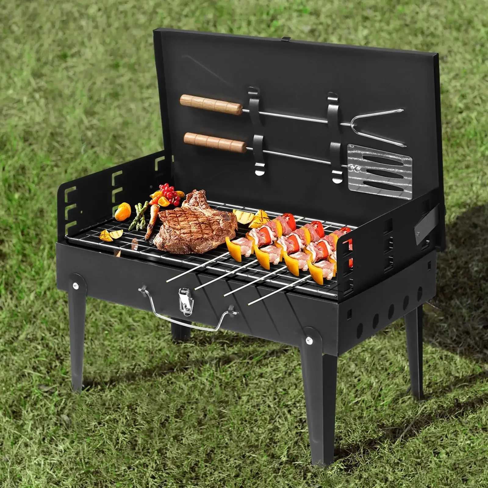 Portable Suitcase Charcoal Grill Mini Foldable BBQ Barbecue Stove Small Tabletop Camping Grill Collapsible Outdoor Cooking Equip
