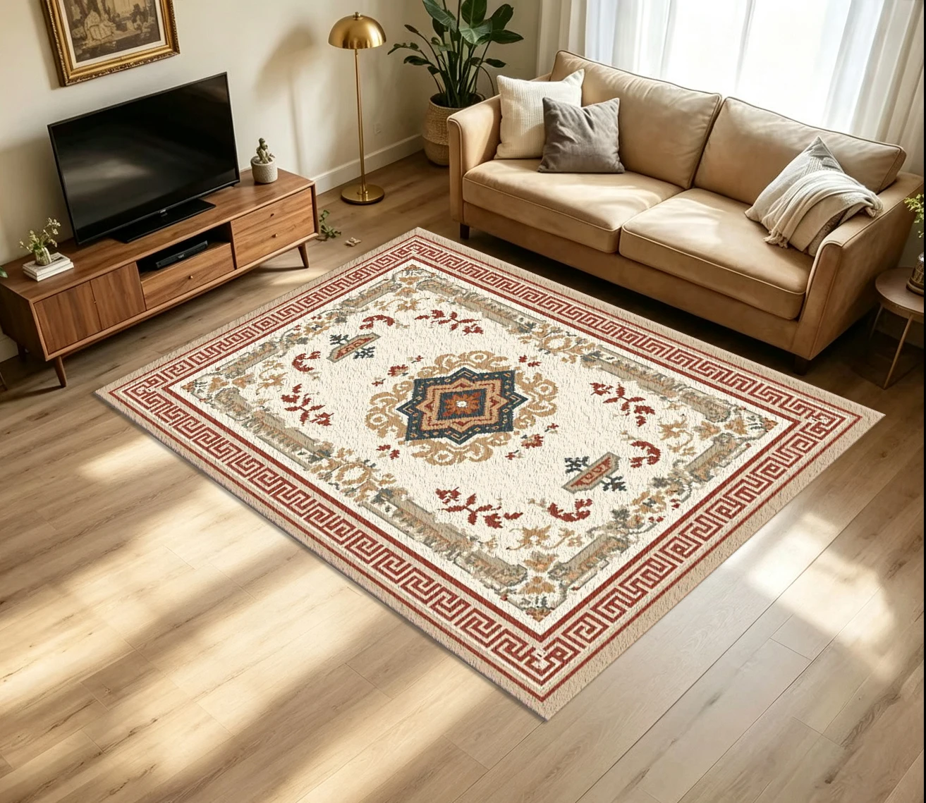 Vintage Oriental Medallion Carpet Flooring Retro Geometric Floral Greek Key Border Printed Floor Rug for Household Living Room Home Interior Decor