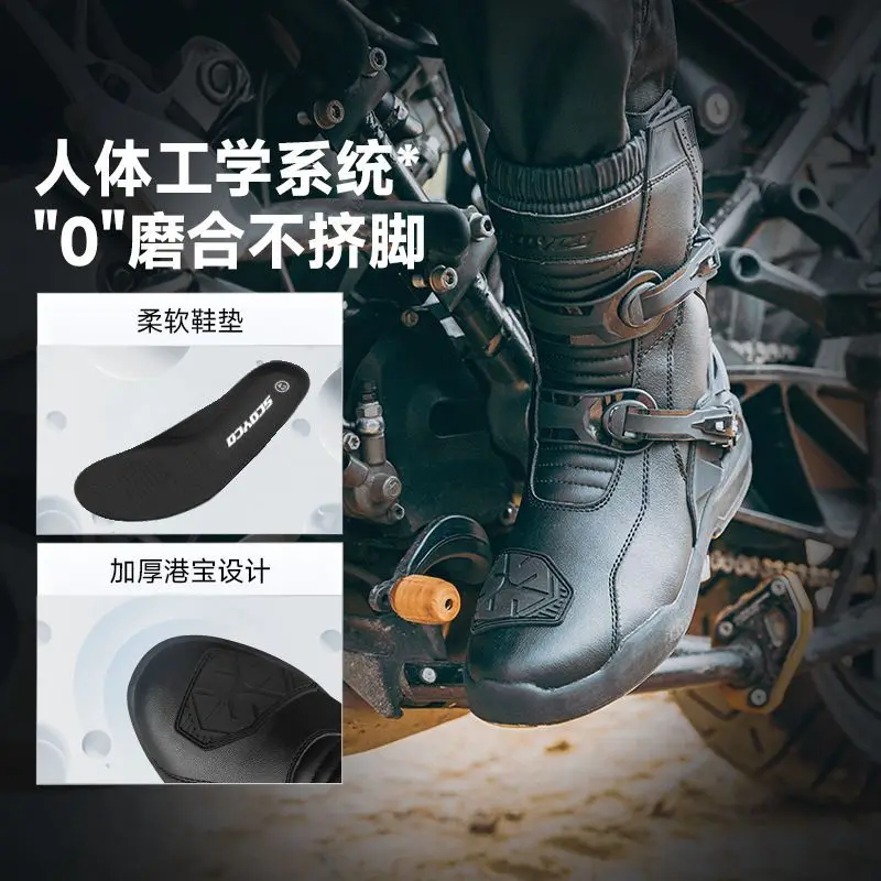 SCOYCO Retro Motorcycle Boots Cowhide Waterproof Mid-Calf Long Boots Riding Motocross Bota Motorbike Botas Motocross Shoes