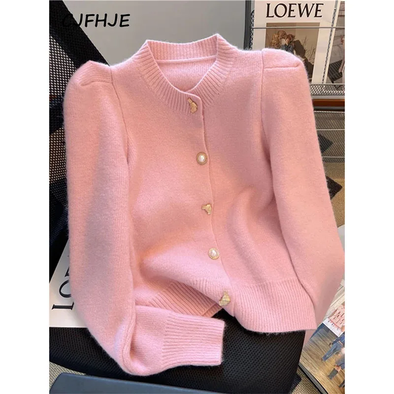 WinterSolid Colors Metal Button Fragrant Style Women Long Sleeve Sweater Korean Round Neck Bubble Sleeve Cardigan Sweater Coat