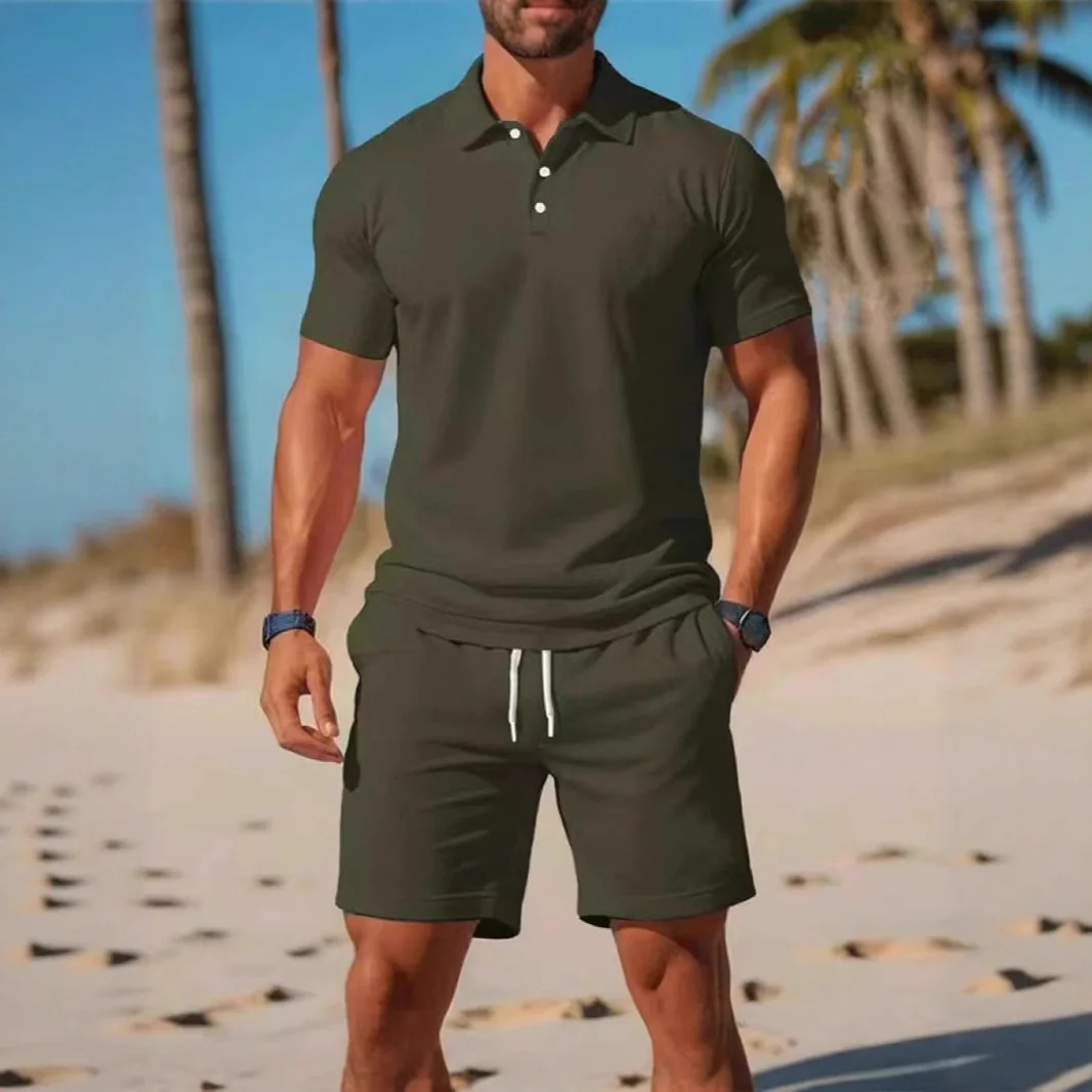European Men's Short Sleeved Polo Shirt Shorts Set, Loose and Handsome Young Men's Short Sleeved Shorts Two-piece Set,