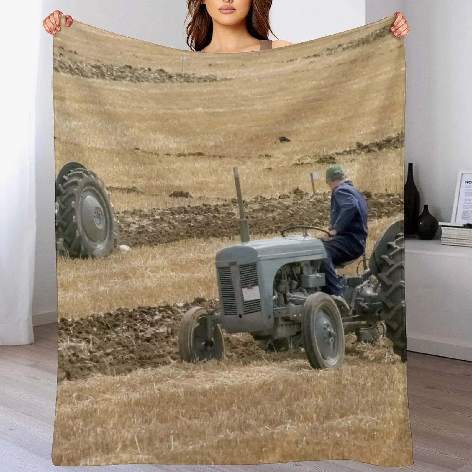 Two grey Ferguson tractors ploughing. Throw Blanket Comforter warm winter christmas gifts for babies Blankets