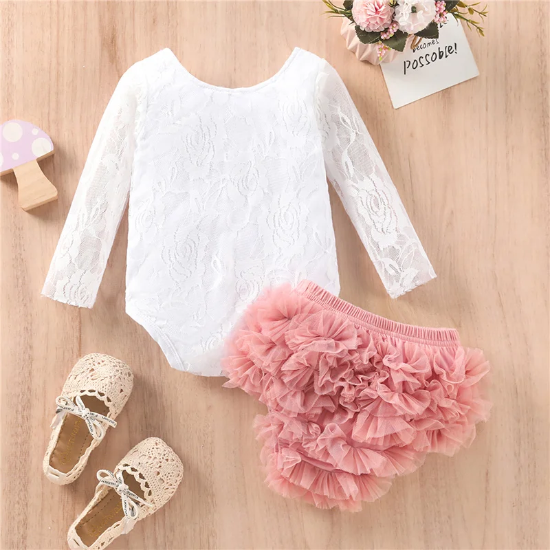 Infant Baby Girl Outfits, Long Sleeve Letter Floral Lace Round Neck Romper Ruffle Briefs Shorts with Removable Brooch, 3-24M