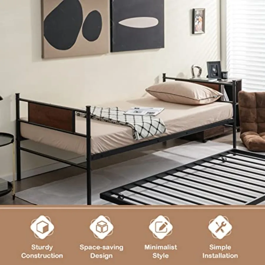 طقم سرير نهاري مزدوج من GOFLAME وسرير نهاري معدني مع دولاب مع 4 شرائح فولاذية مدمجة تدعم توفير المساحة متعدد الوظائف #4