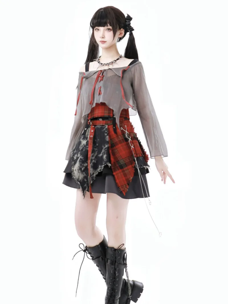 

Red Plaid Grey Black Sense Of Design Tie Smock Skirt Sense Of Design Suit Suspenders Grid Tulle Irregular Short Womens Skirts