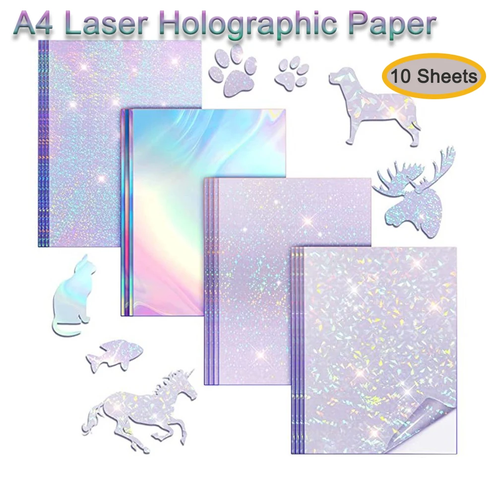 10 Sheets A4 Laser Holographic Paper Sticker Vinyl Inkjet Self-Adhesive Holographic Paper Printing Paper DIY Scrapbook Supplies