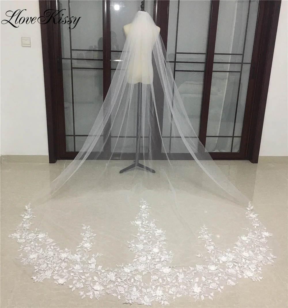 Long Wedding Veil for Bride Lace Appliques Petals 3D Floral Bridal Veil Cathedral Bride Accessories White Ivory velos de novia