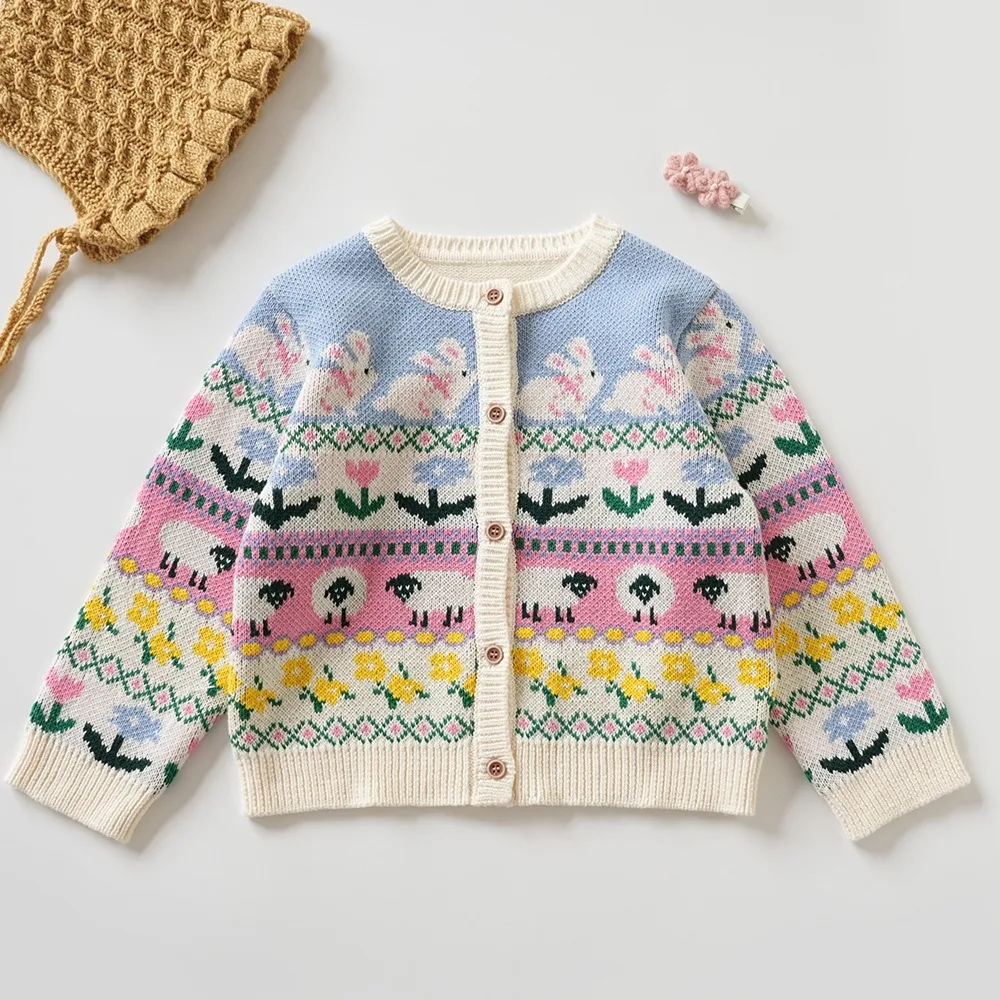 Little Medium Girls Round Neck Knit Sweater Cardigan, European Style Animal Jacquard Kids Outerwear New Arrival