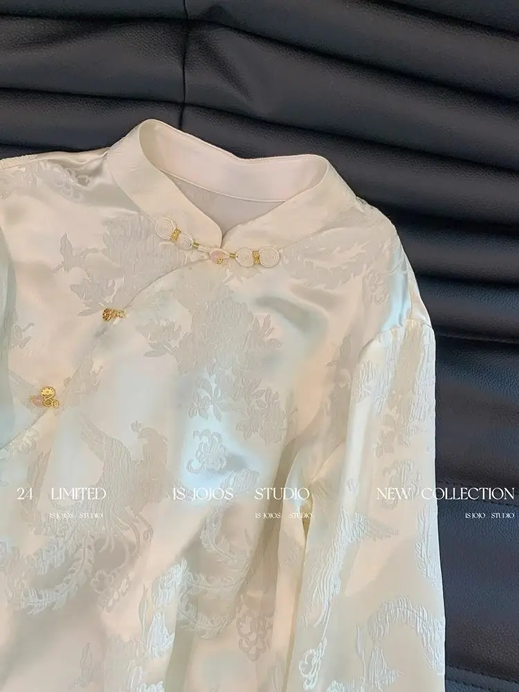 Satin Silk Jacquard Blouses Women Long Sleeve Retro Vintage Chinese Style Cheongsam Top Oversized