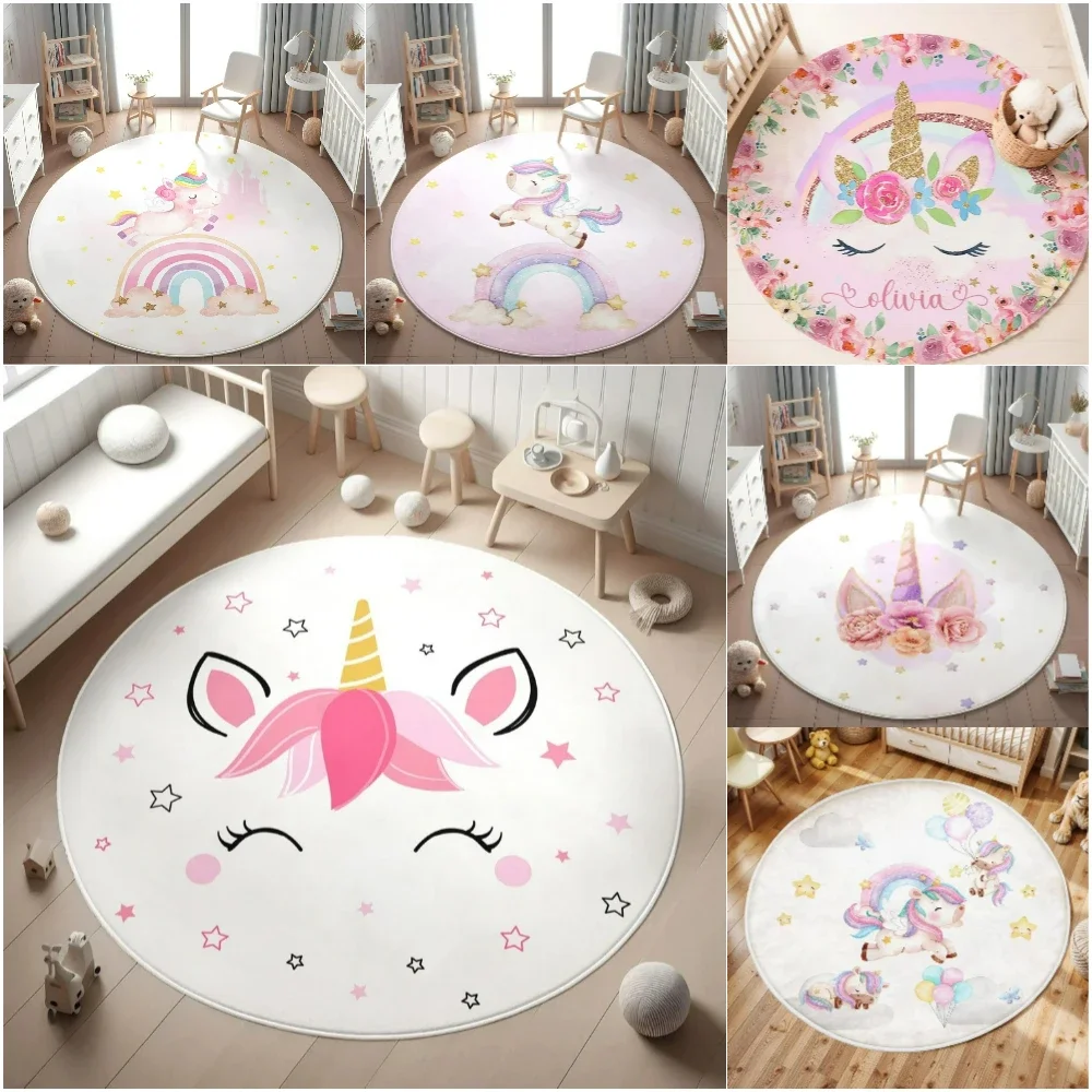 Tapis rond floral licorne enchanté pour la décoration intérieure, tapis de sol magique arc-en-ciel ludique pour chambre d'enfant, décoration fantastique
