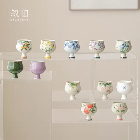 순수한 핸드 드로잉 하이 풋 티컵, 세라믹 얇은 허리 마스터 컵, 싱글 쿵푸 티 세트, 가정용 티 시음 컵