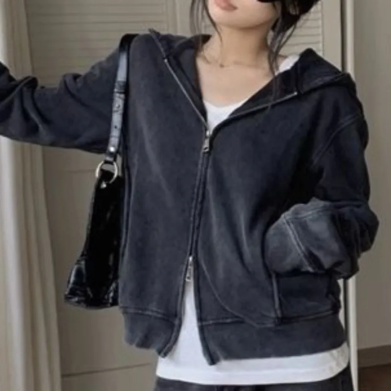 Ulzzang Jackets for Women Ins Spring Autumn Hooded Korean Style College All-match Zipper New Fashion Soft Chic Retro Minimalist