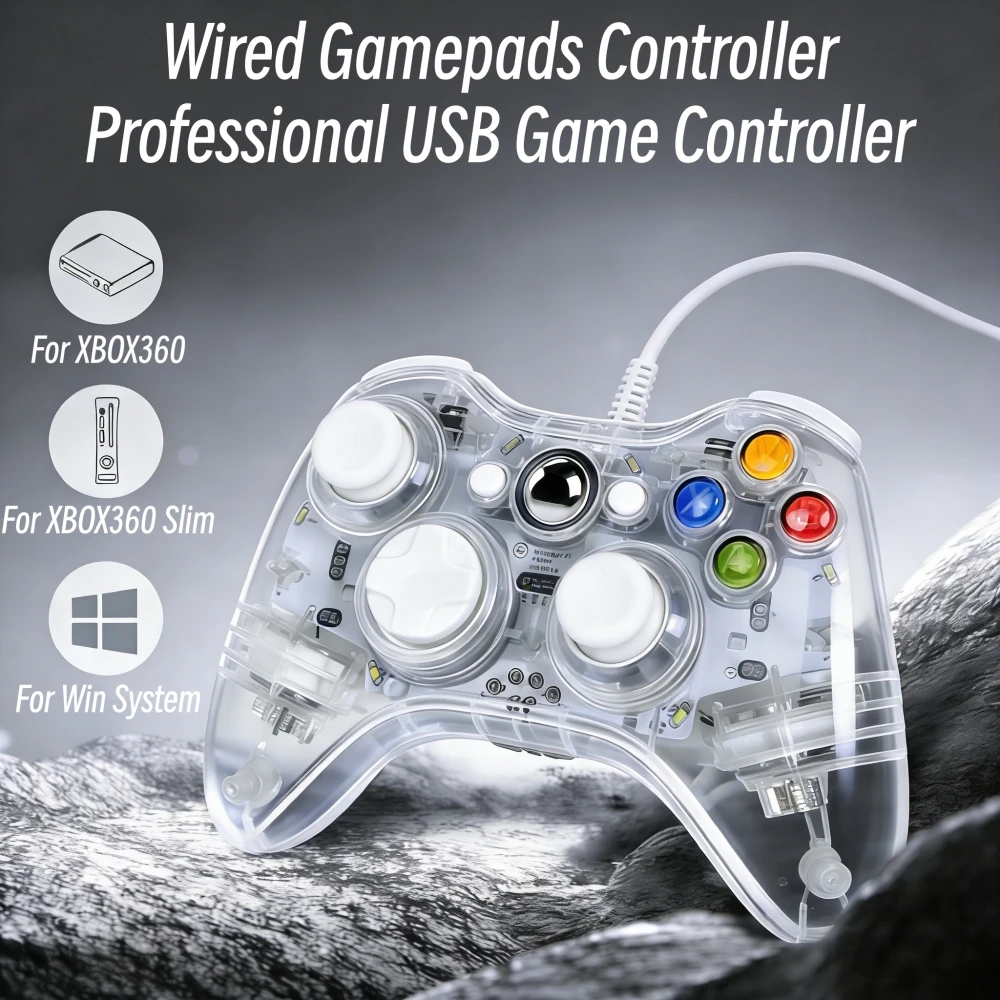 Transparent Gamepads Controller For XBOX 360 Console With LED Light USB Wired Gamepads For Steam PC Computer Laptop Joystick view 2