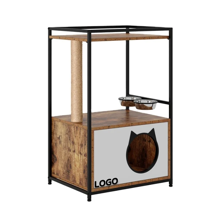 

Metal Frame And Wood Style Side Table Cat House Pet Furniture Scratching Post Tower Cat Tree Condo House
