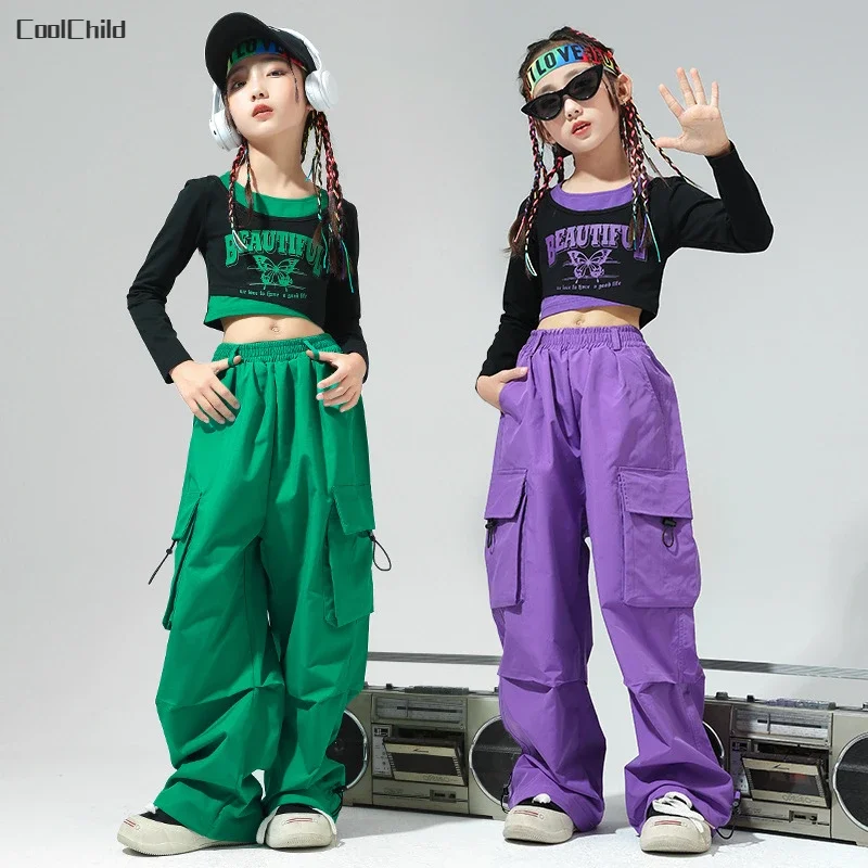 Sudadera corta colorida de imitación de Hip Hop para niñas, pantalones Cargo de baile callejero, ropa de calle para niños, disfraces de Jazz,