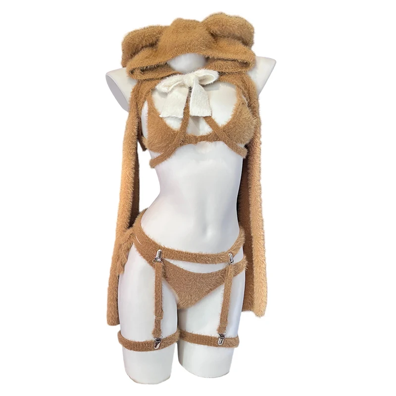 

SENMHS Original Cute Brown Bear Hooded Furry Sweater Outfits Cosplay Sexy Lingerie Bikini Top Stocking Gloves Halloween Pajamas