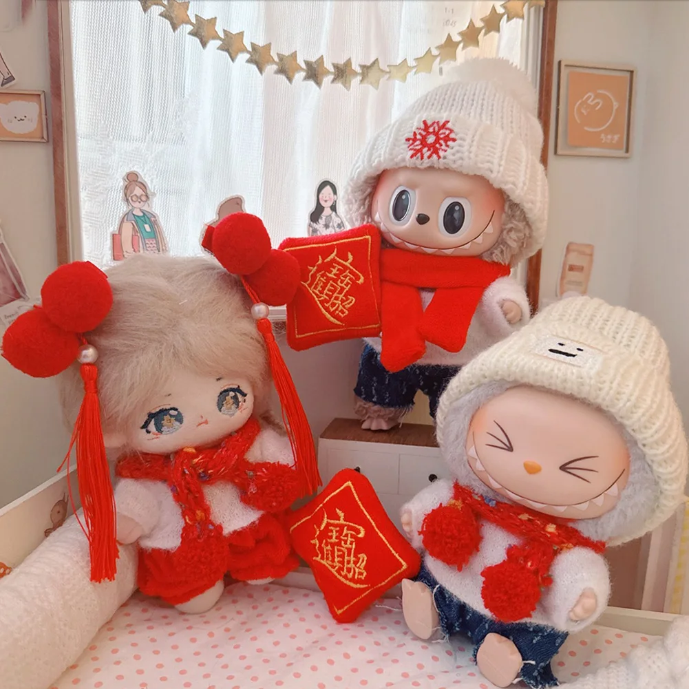 Mini Doll'S Clothes Outfit Accessories for Labubu 15-17cm Cotton Doll White Sweater Red Scarf New Year Pants Clothes Gift