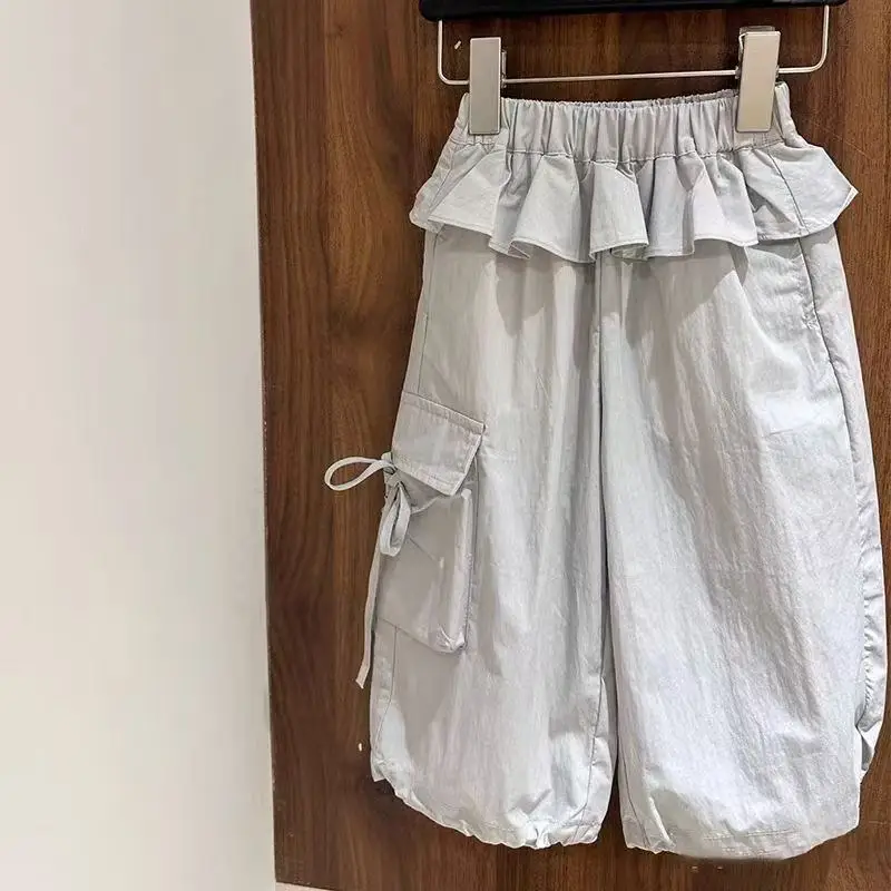 

Spring Autumn Casual Child Clothes Wide Leg Pants Fashion Kids Girls' Versatile Loose Cargo Pants Korean Bow Summer Thin Pants