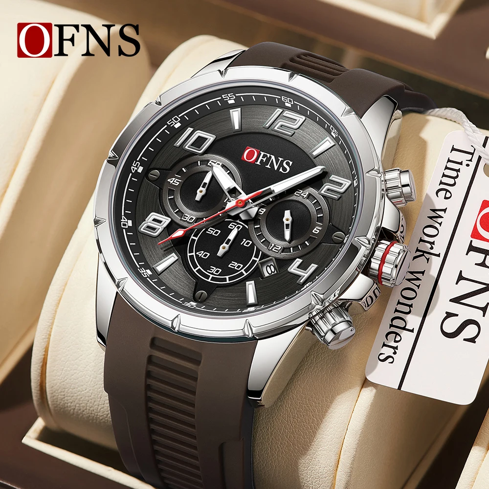 Fashion Ofns 8027 Quartz Watch Men Calendar Business Multifunction Chronograph Silicone Waterproof Luminous Sport Male Watchees